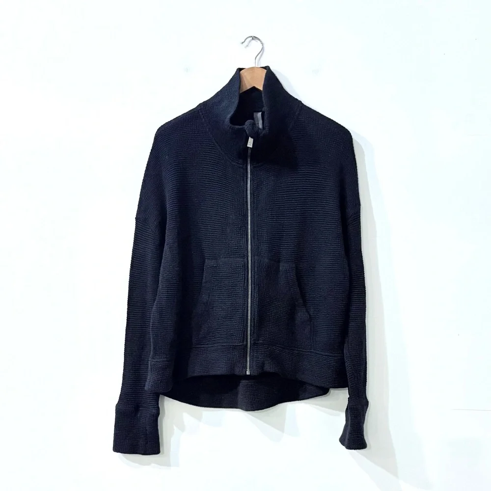 Sweaty Betty Navy Boucle Full Zip High Neck Restful Jacket Size 12 Pocket - Picture 2 of 5